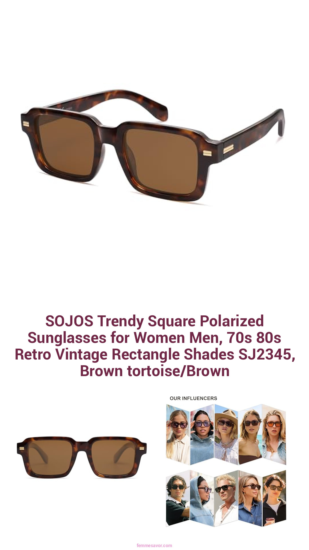 SOJOS Trendy Square Polarized Sunglasses for Women Men, 70s 80s Retro Vintage Rectangle Shades SJ2345, Brown tortoise/Brown