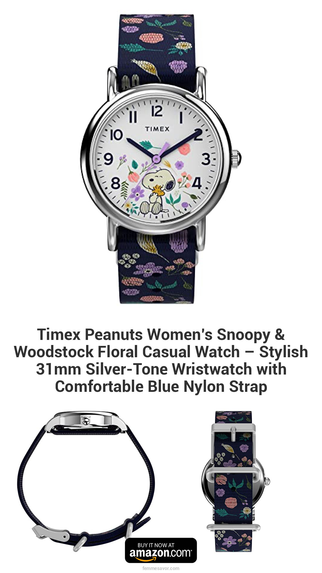 Timex Peanuts Women’s Snoopy & Woodstock Floral Casual Watch – Stylish 31mm Silver-Tone Wristwatch with Comfortable Blue Nylon Strap Timex Peanuts Women’s Snoopy & Woodstock Floral Casual Watch – Stylish 31mm Silver-Tone Wristwatch with Comfortable Blue Nylon Strap