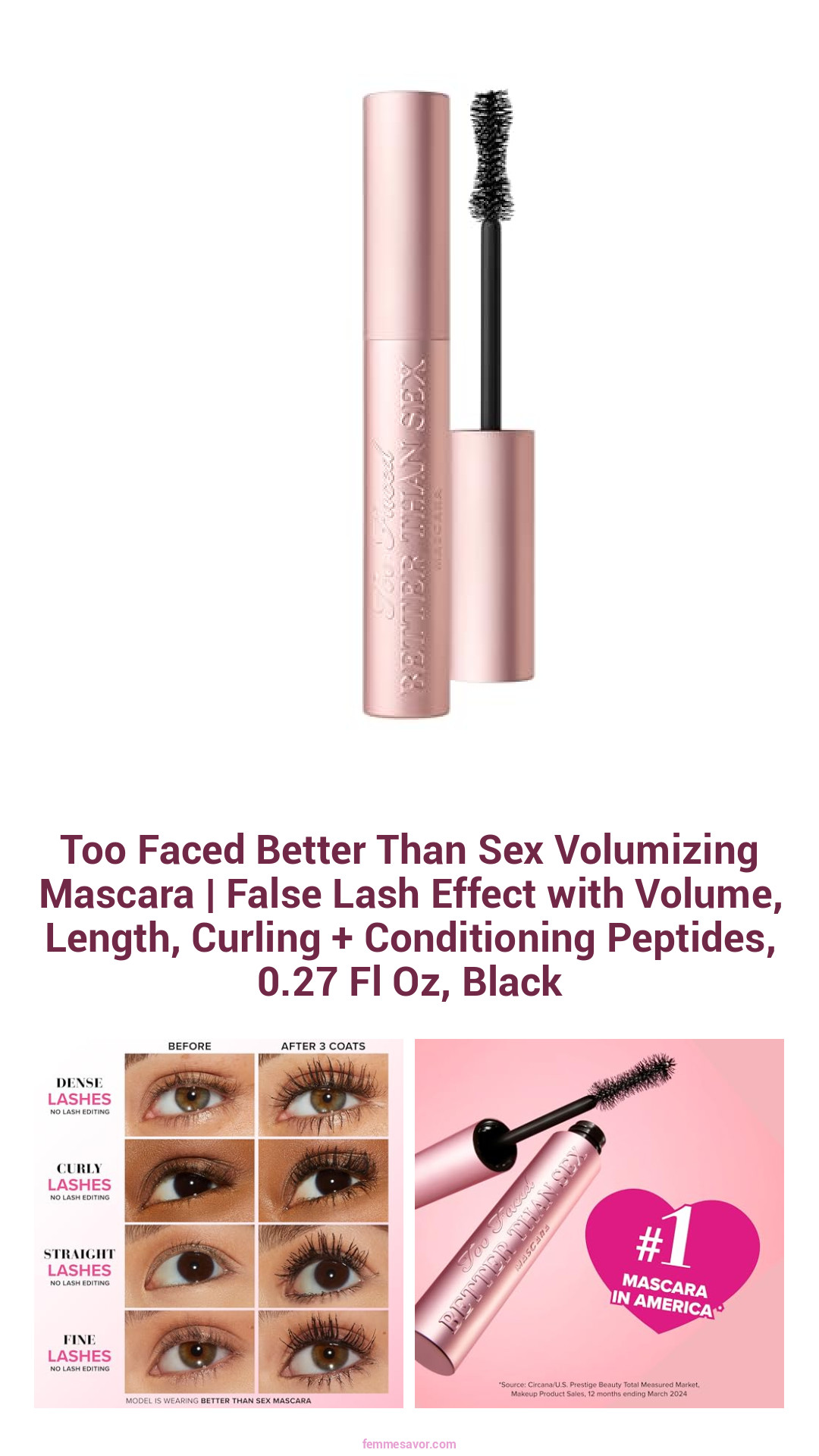 Too Faced Better Than Sex Volumizing Mascara | False Lash Effect with Volume, Length, Curling + Conditioning Peptides, 0.27 Fl Oz, Black