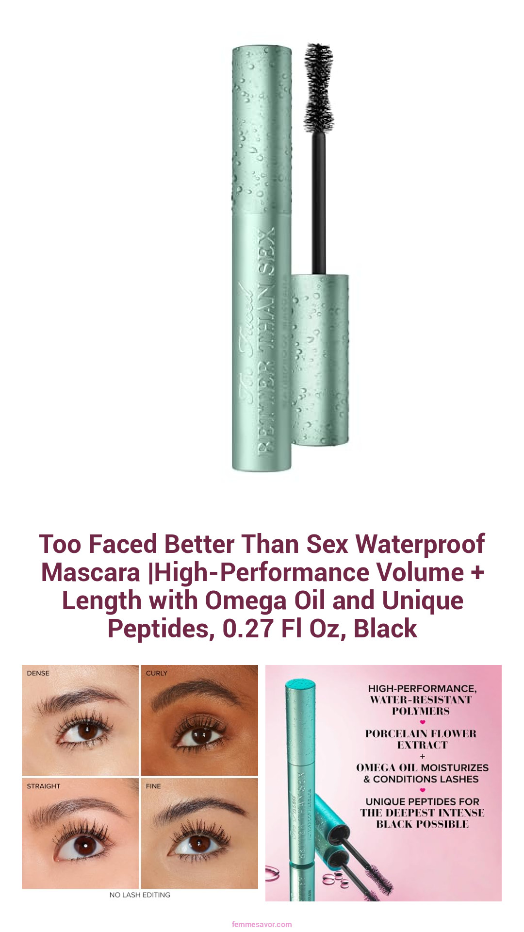 Too Faced Better Than Sex Waterproof Mascara |High-Performance Volume + Length with Omega Oil and Unique Peptides, 0.27 Fl Oz, Black