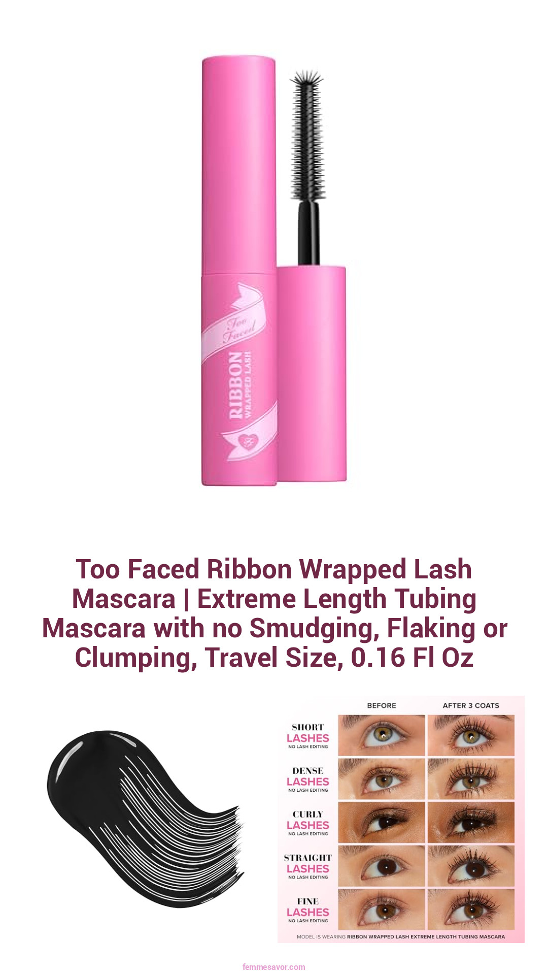 Too Faced Ribbon Wrapped Lash Mascara | Extreme Length Tubing Mascara with no Smudging, Flaking or Clumping, Travel Size, 0.16 Fl Oz
