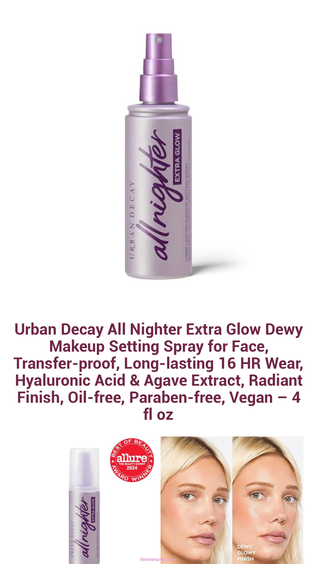Urban Decay All Nighter Extra Glow Dewy Makeup Setting Spray for Face, Transfer-proof, Long-lasting 16 HR Wear, Hyaluronic Acid & Agave Extract, Radiant Finish, Oil-free, Paraben-free, Vegan – 4 fl oz