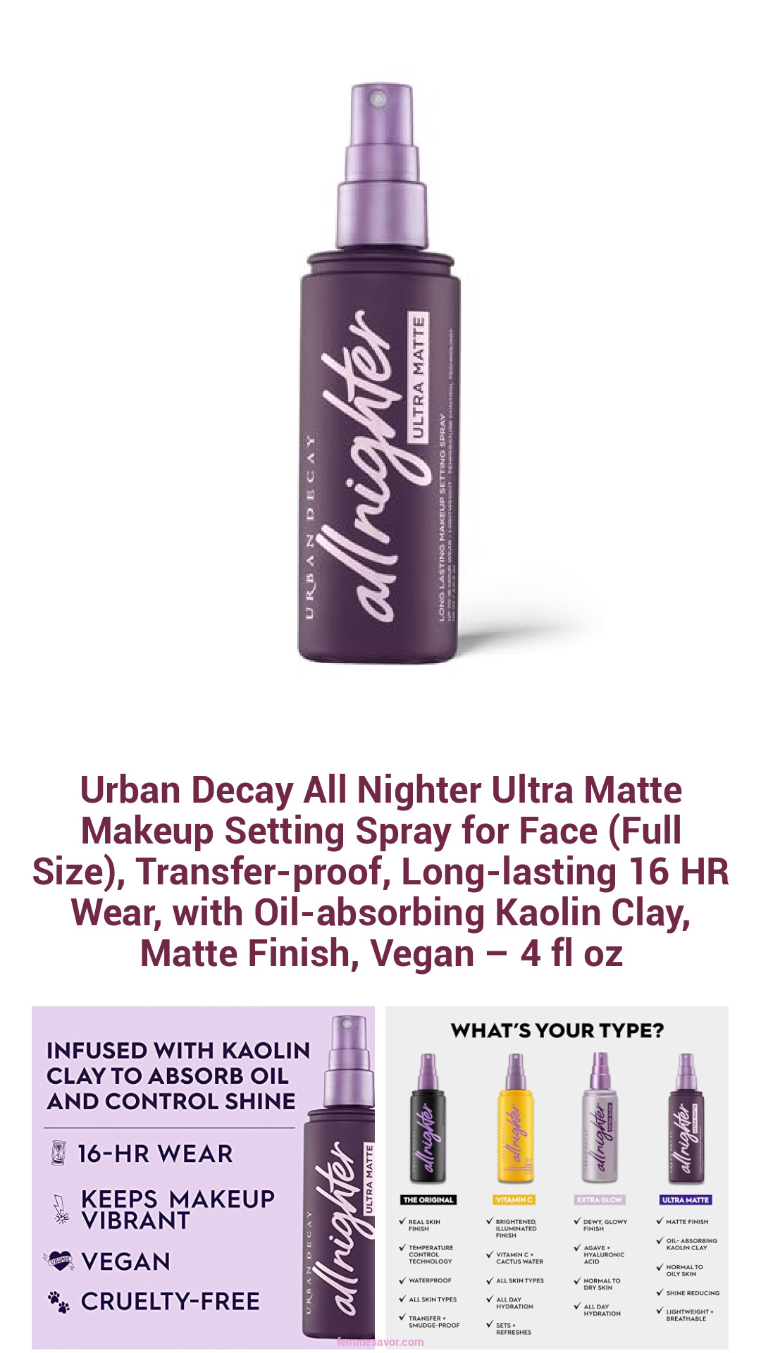 Urban Decay All Nighter Ultra Matte Makeup Setting Spray for Face (Full Size), Transfer-proof, Long-lasting 16 HR Wear, with Oil-absorbing Kaolin Clay, Matte Finish, Vegan – 4 fl oz