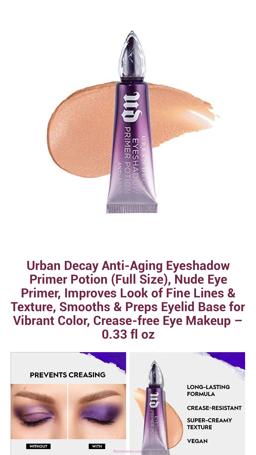 Urban Decay Anti-Aging Eyeshadow Primer Potion (Full Size), Nude Eye Primer, Improves Look of Fine Lines & Texture, Smooths & Preps Eyelid Base for Vibrant Color, Crease-free Eye Makeup – 0.33 fl oz