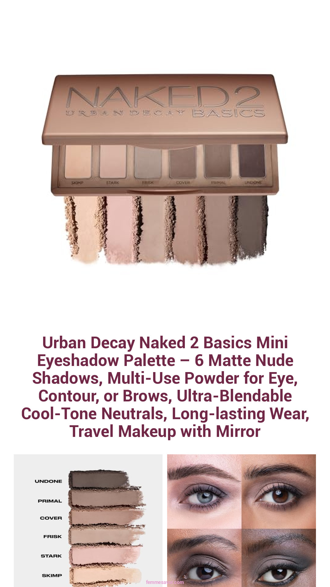 Urban Decay Naked 2 Basics Mini Eyeshadow Palette – 6 Matte Nude Shadows, Multi-Use Powder for Eye, Contour, or Brows, Ultra-Blendable Cool-Tone Neutrals, Long-lasting Wear, Travel Makeup with Mirror