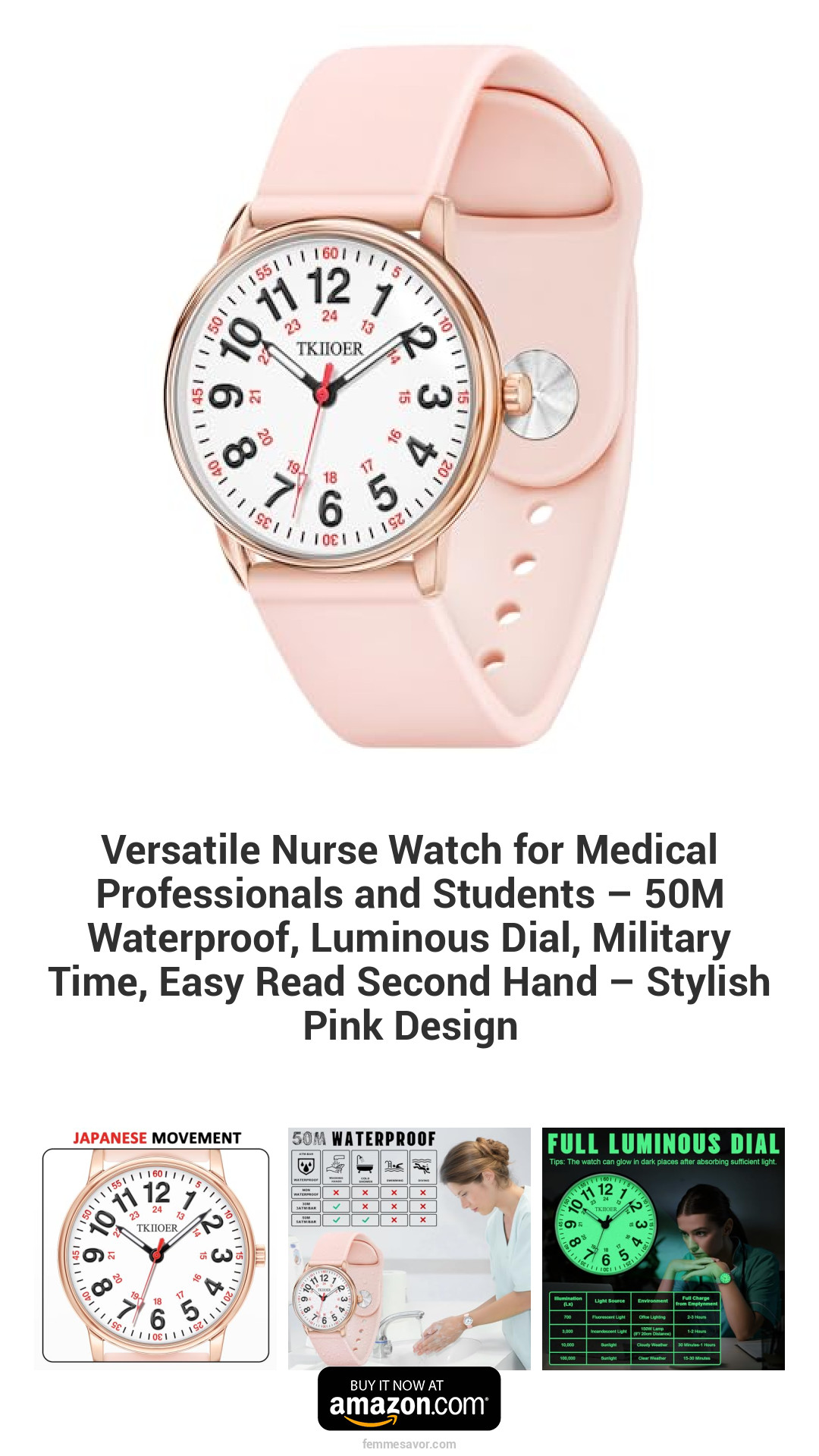 Versatile Nurse Watch for Medical Professionals and Students – 50M Waterproof, Luminous Dial, Military Time, Easy Read Second Hand – Stylish Pink Design Versatile Nurse Watch for Medical Professionals and Students – 50M Waterproof, Luminous Dial, Military Time, Easy Read Second Hand – Stylish Pink Design