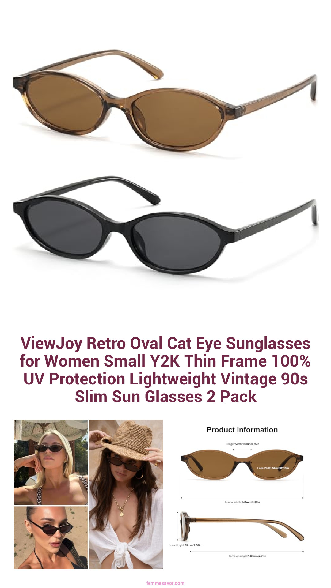 ViewJoy Retro Oval Cat Eye Sunglasses for Women Small Y2K Thin Frame 100% UV Protection Lightweight Vintage 90s Slim Sun Glasses 2 Pack