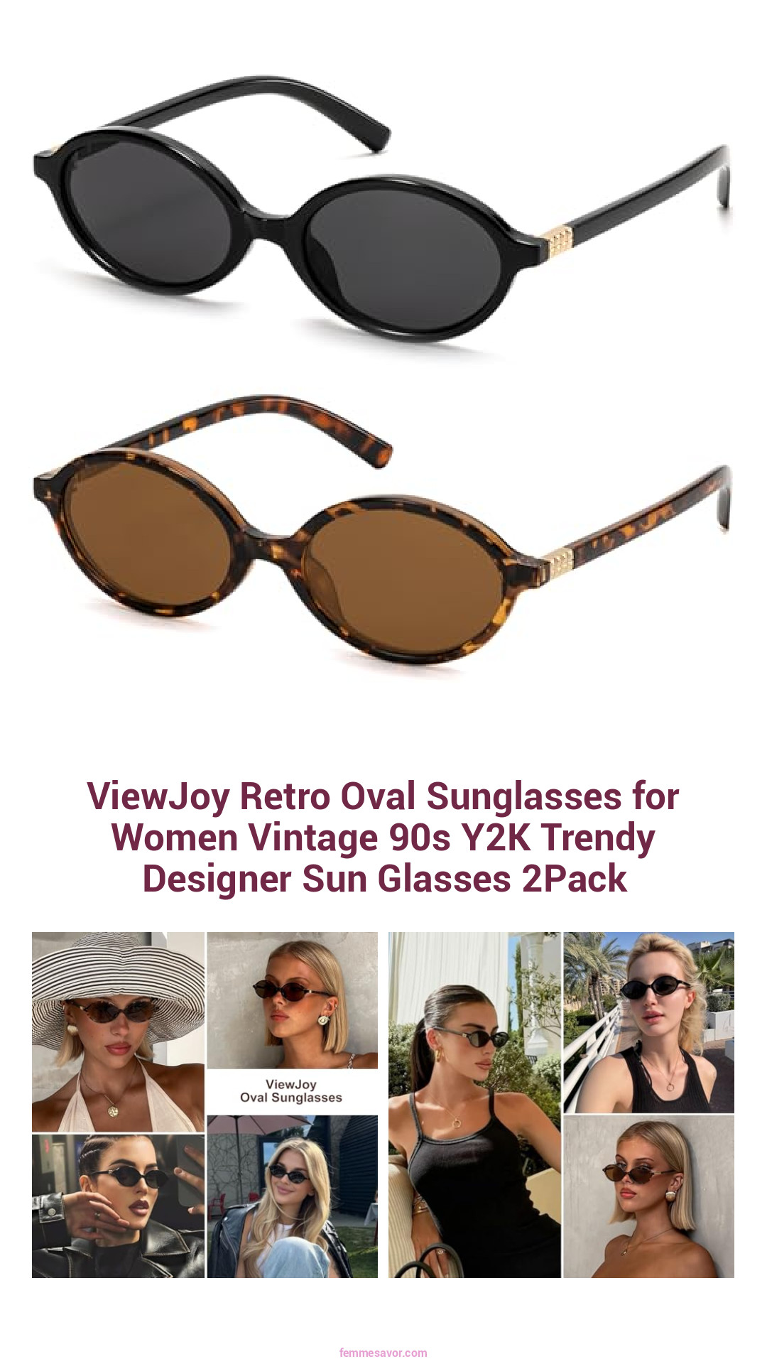 ViewJoy Retro Oval Sunglasses for Women Vintage 90s Y2K Trendy Designer Sun Glasses 2Pack ViewJoy Retro Oval Sunglasses for Women Vintage 90s Y2K Trendy Designer Sun Glasses 2Pack