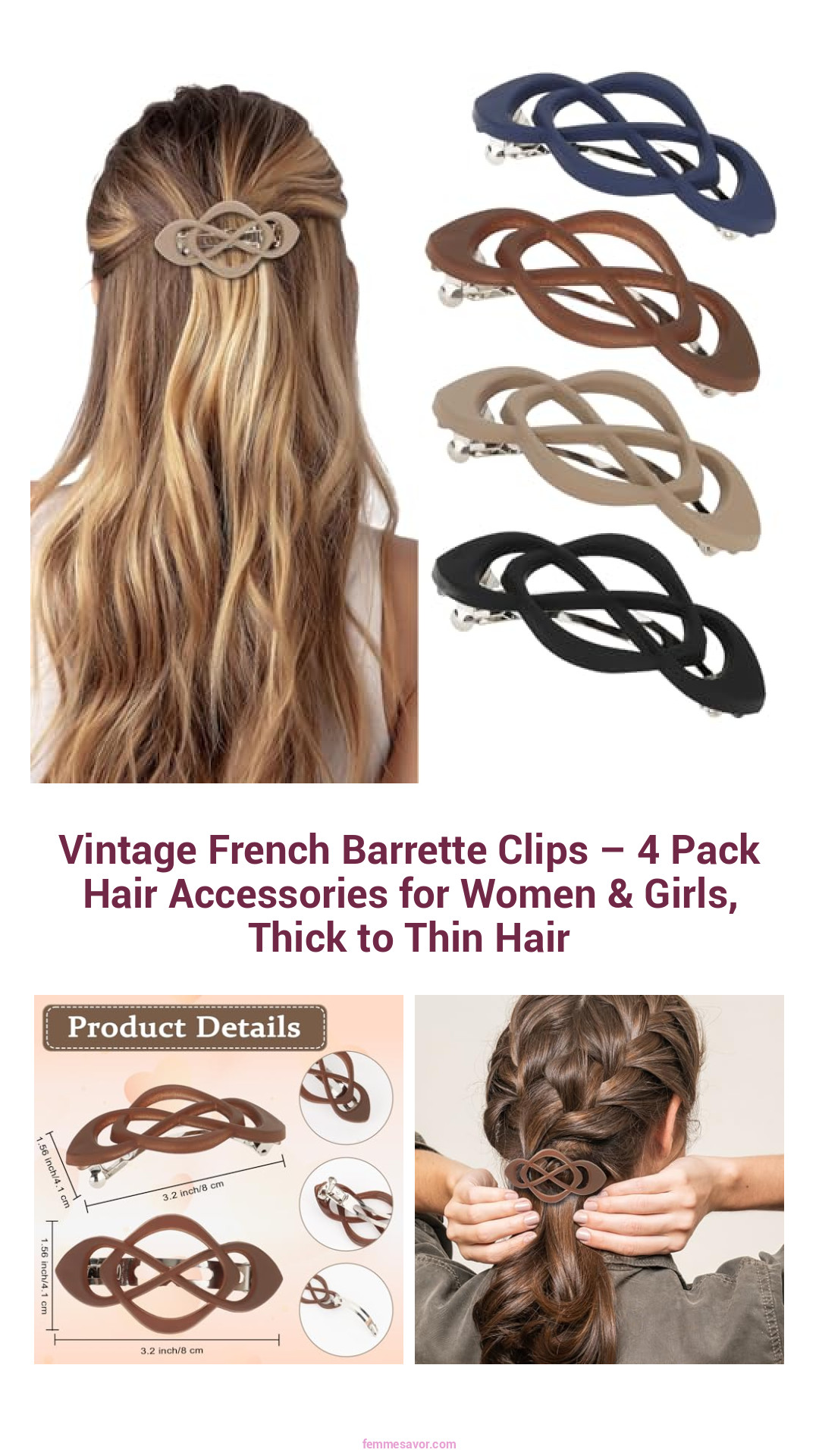 Vintage French Barrette Clips – 4 Pack Hair Accessories for Women & Girls, Thick to Thin Hair Vintage French Barrette Clips – 4 Pack Hair Accessories for Women & Girls, Thick to Thin Hair
