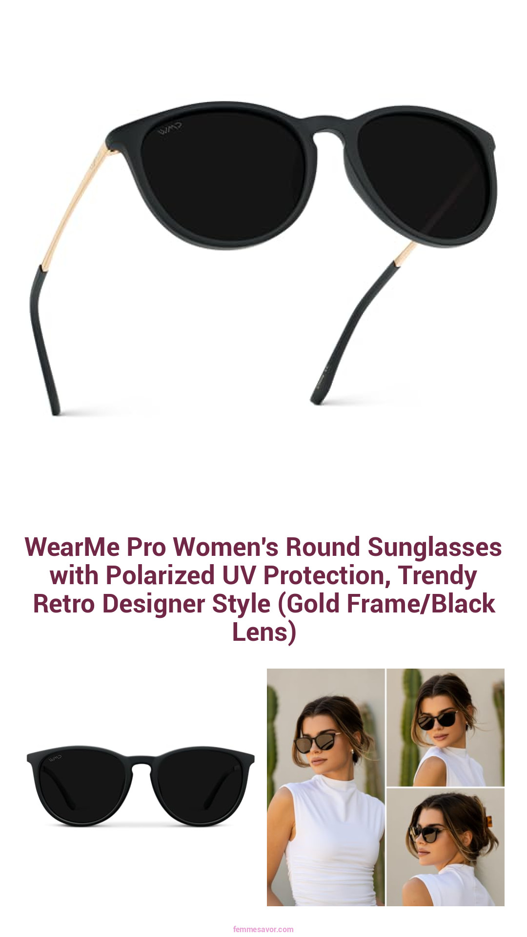 WearMe Pro Women's Round Sunglasses with Polarized UV Protection, Trendy Retro Designer Style (Gold Frame/Black Lens)