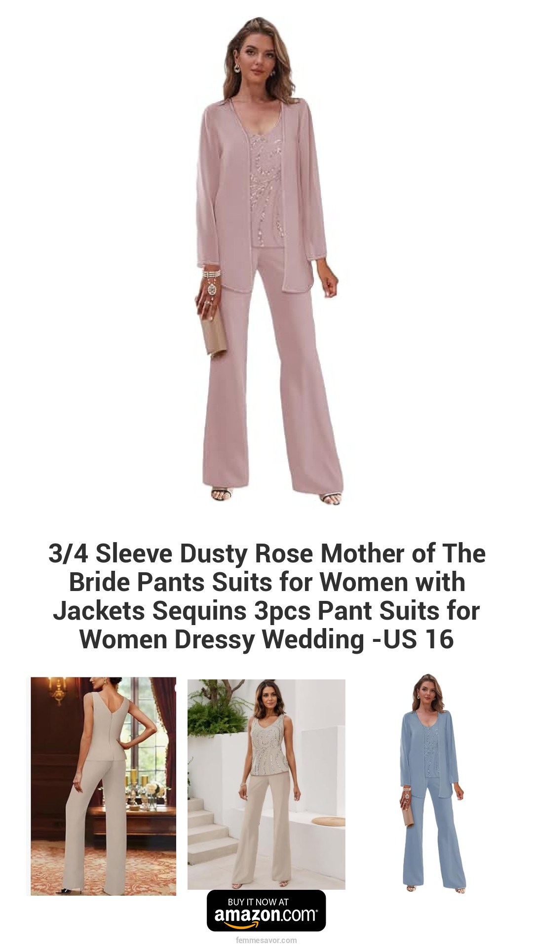 3/4 Sleeve Dusty Rose Mother of The Bride Pants Suits for Women with Jackets Sequins 3pcs Pant Suits for Women Dressy Wedding -US 16 3/4 Sleeve Dusty Rose Mother of The Bride Pants Suits for Women with Jackets Sequins 3pcs Pant Suits for Women Dressy Wedding -US 16