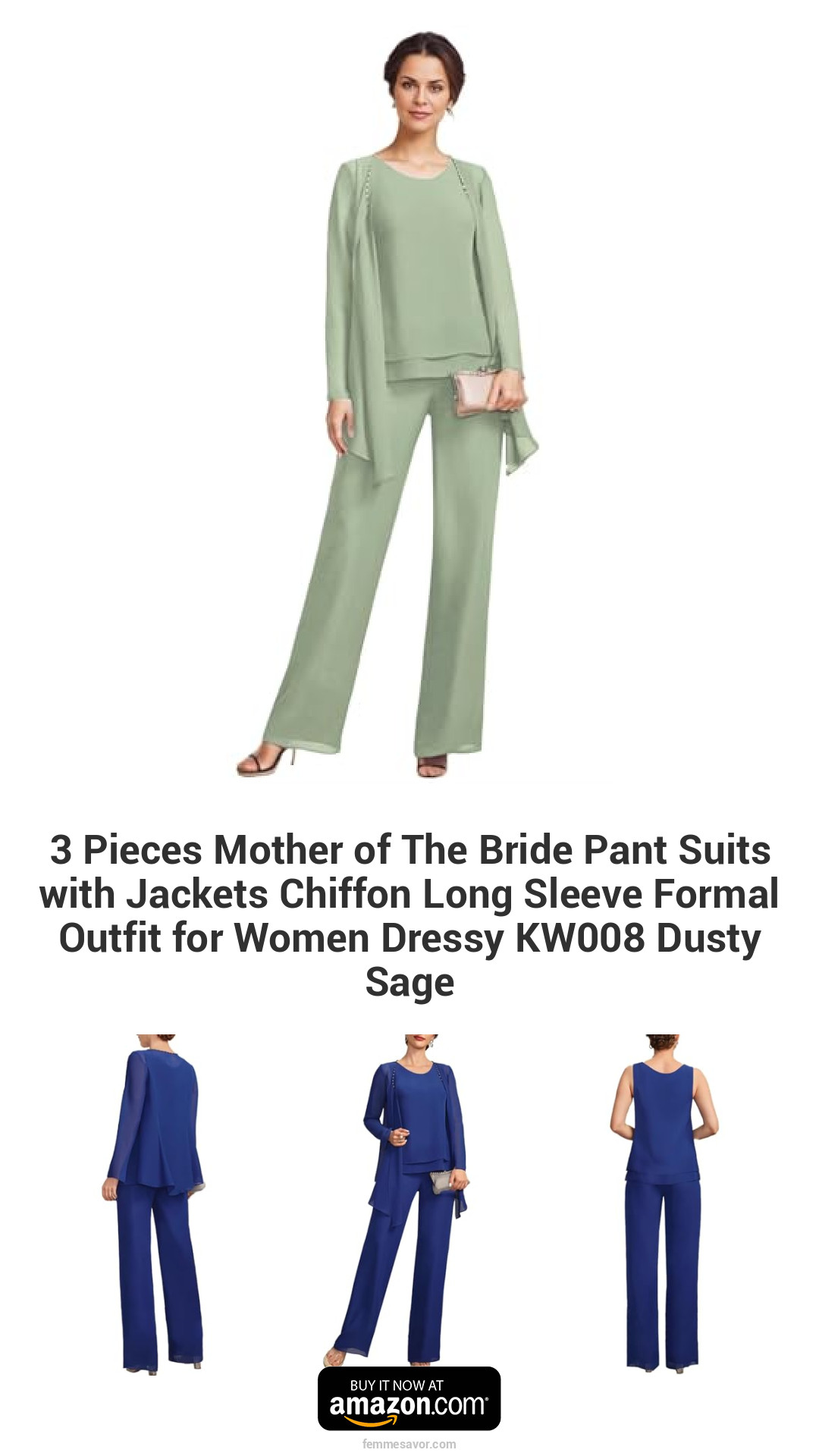 3 Pieces Mother of The Bride Pant Suits with Jackets Chiffon Long Sleeve Formal Outfit for Women Dressy KW008 Dusty Sage 3 Pieces Mother of The Bride Pant Suits with Jackets Chiffon Long Sleeve Formal Outfit for Women Dressy KW008 Dusty Sage