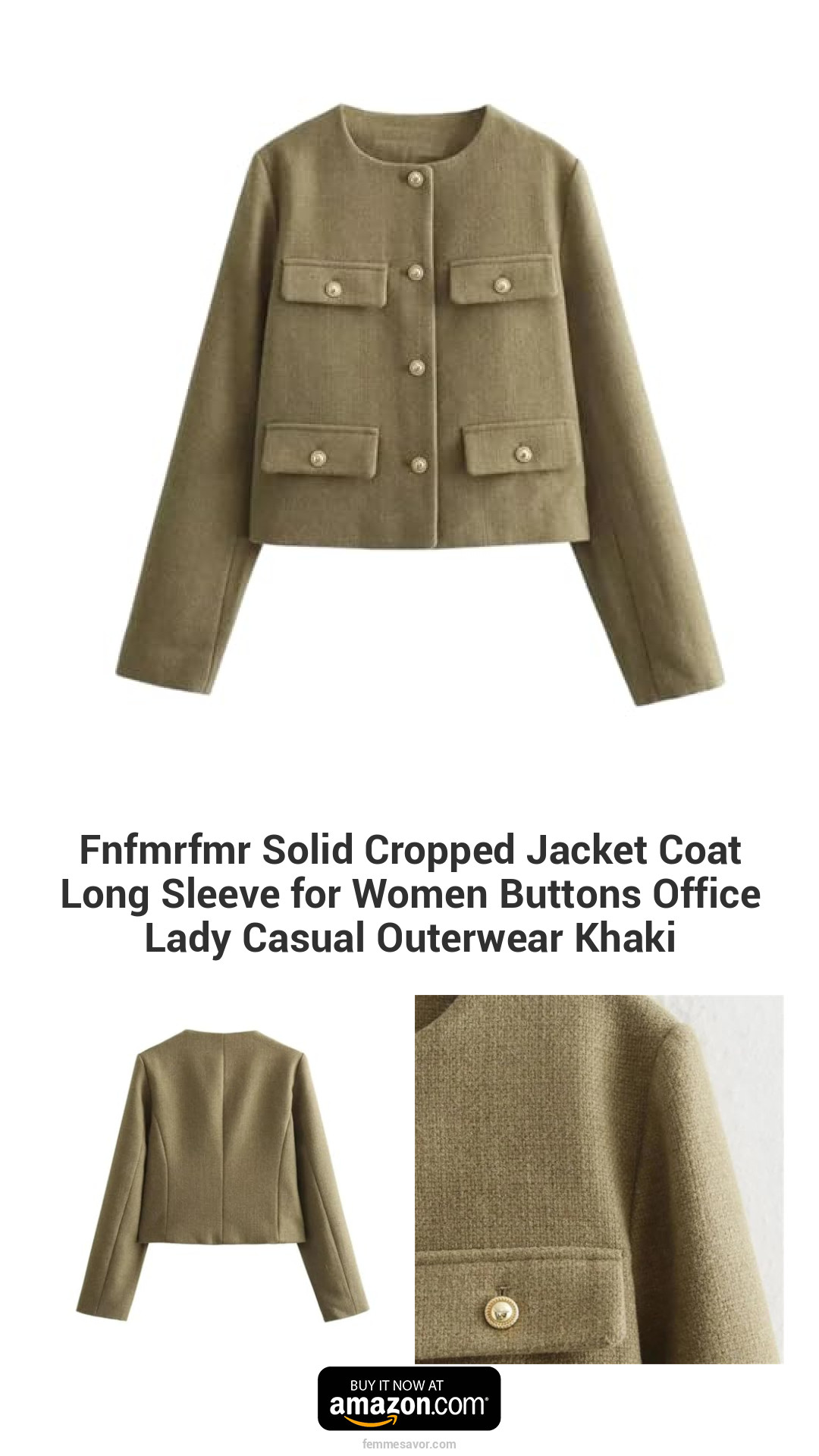 Fnfmrfmr Solid Cropped Jacket Coat Long Sleeve for Women Buttons Office Lady Casual Outerwear Khaki Fnfmrfmr Solid Cropped Jacket Coat Long Sleeve for Women Buttons Office Lady Casual Outerwear Khaki