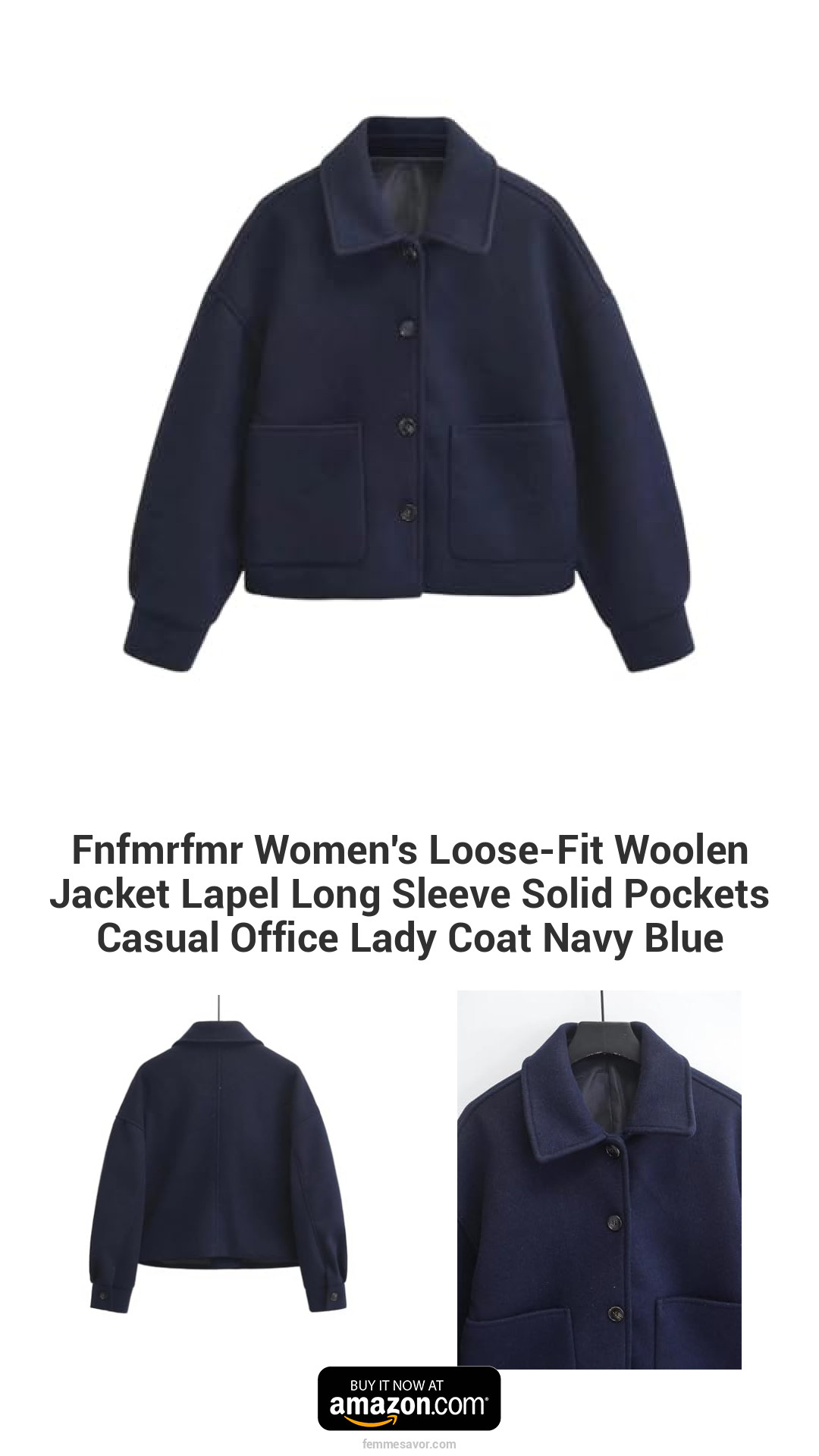 Fnfmrfmr Women's Loose-Fit Woolen Jacket Lapel Long Sleeve Solid Pockets Casual Office Lady Coat Navy Blue Fnfmrfmr Women's Loose-Fit Woolen Jacket Lapel Long Sleeve Solid Pockets Casual Office Lady Coat Navy Blue