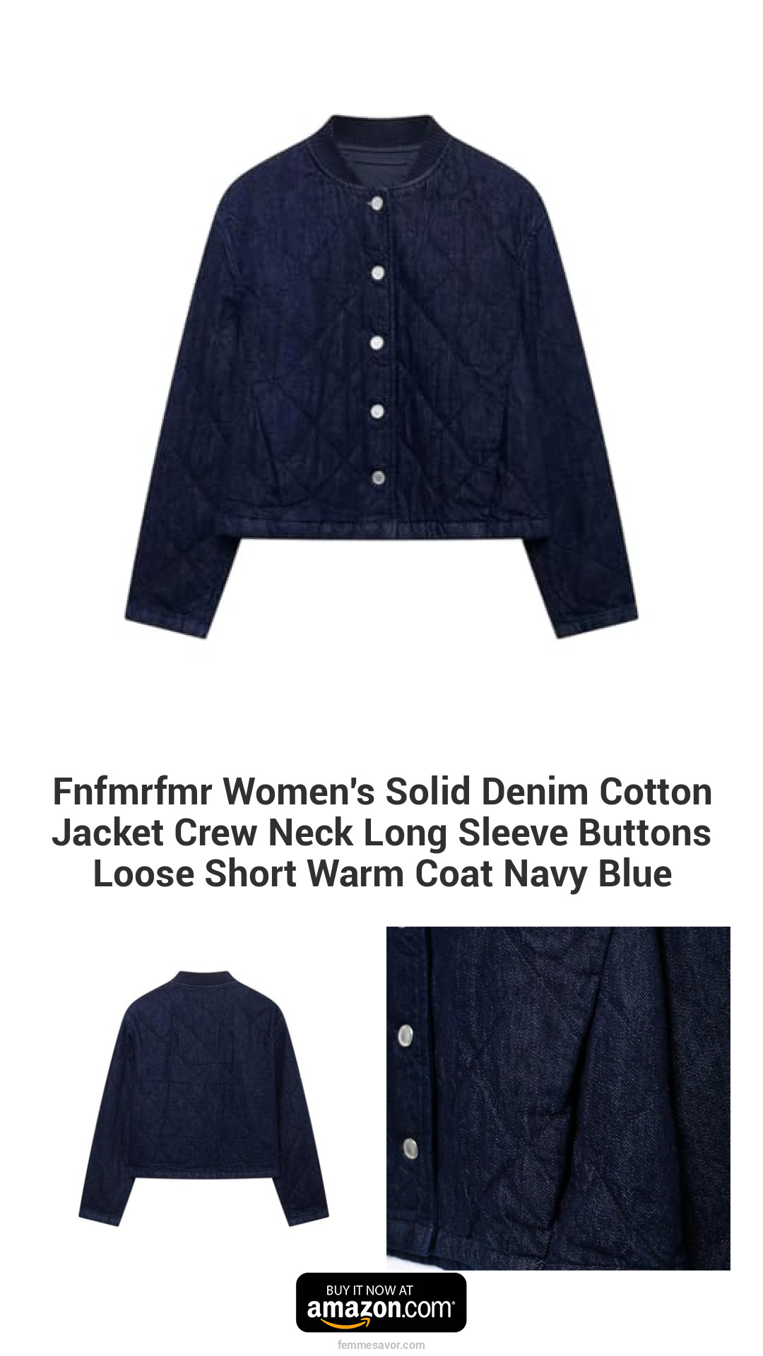 Fnfmrfmr Women's Solid Denim Cotton Jacket Crew Neck Long Sleeve Buttons Loose Short Warm Coat Navy Blue Fnfmrfmr Women's Solid Denim Cotton Jacket Crew Neck Long Sleeve Buttons Loose Short Warm Coat Navy Blue