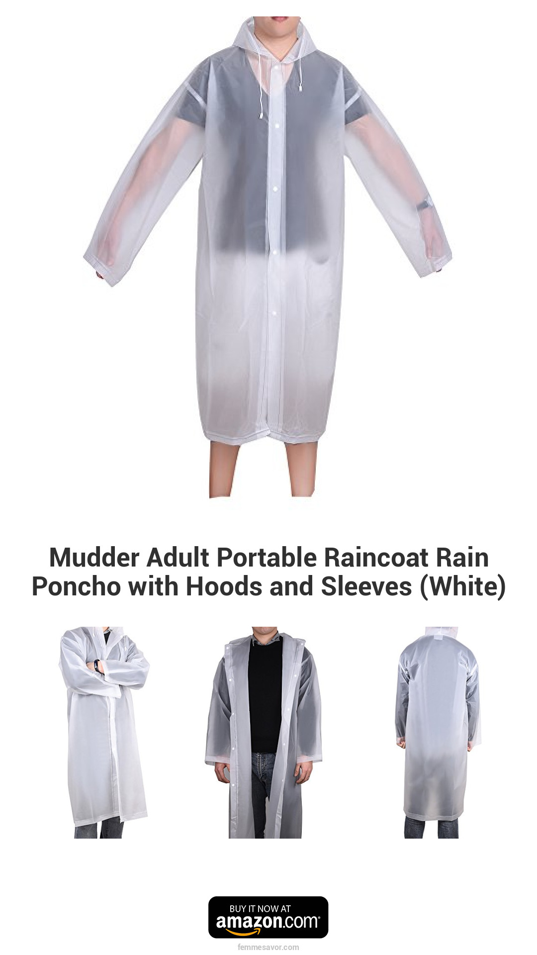 Mudder Adult Portable Raincoat Rain Poncho with Hoods and Sleeves (White) Mudder Adult Portable Raincoat Rain Poncho with Hoods and Sleeves (White)
