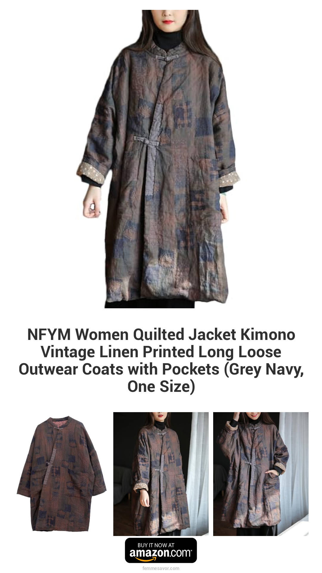 NFYM Women Quilted Jacket Kimono Vintage Linen Printed Long Loose Outwear Coats with Pockets (Grey Navy, One Size) NFYM Women Quilted Jacket Kimono Vintage Linen Printed Long Loose Outwear Coats with Pockets (Grey Navy, One Size)