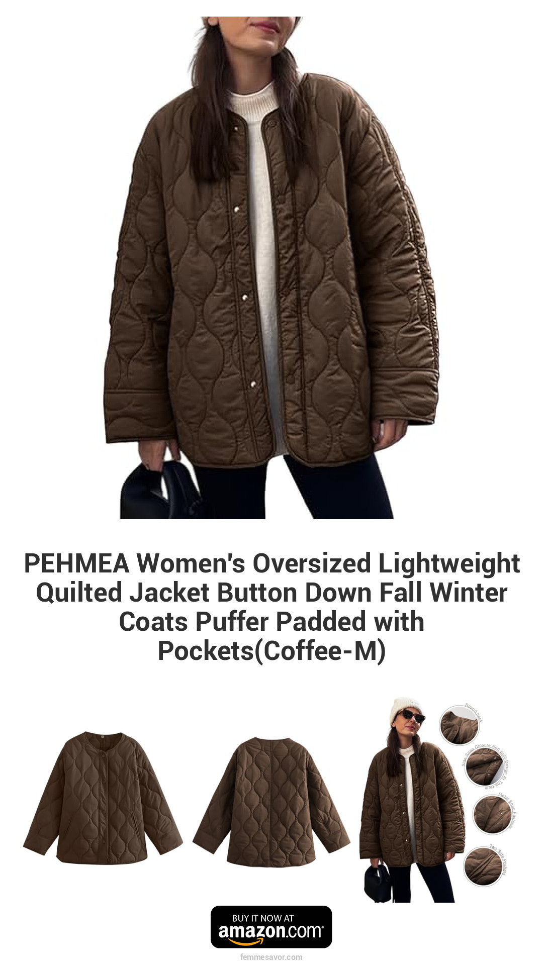 PEHMEA Women's Oversized Lightweight Quilted Jacket Button Down Fall Winter Coats Puffer Padded with Pockets(Coffee-M) PEHMEA Women's Oversized Lightweight Quilted Jacket Button Down Fall Winter Coats Puffer Padded with Pockets(Coffee-M)