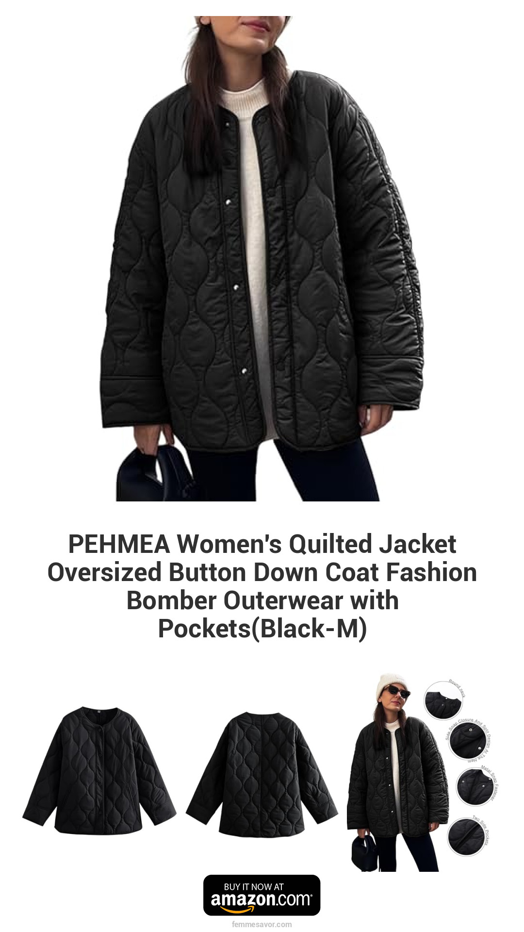 PEHMEA Women's Quilted Jacket Oversized Button Down Coat Fashion Bomber Outerwear with Pockets(Black-M) PEHMEA Women's Quilted Jacket Oversized Button Down Coat Fashion Bomber Outerwear with Pockets(Black-M)