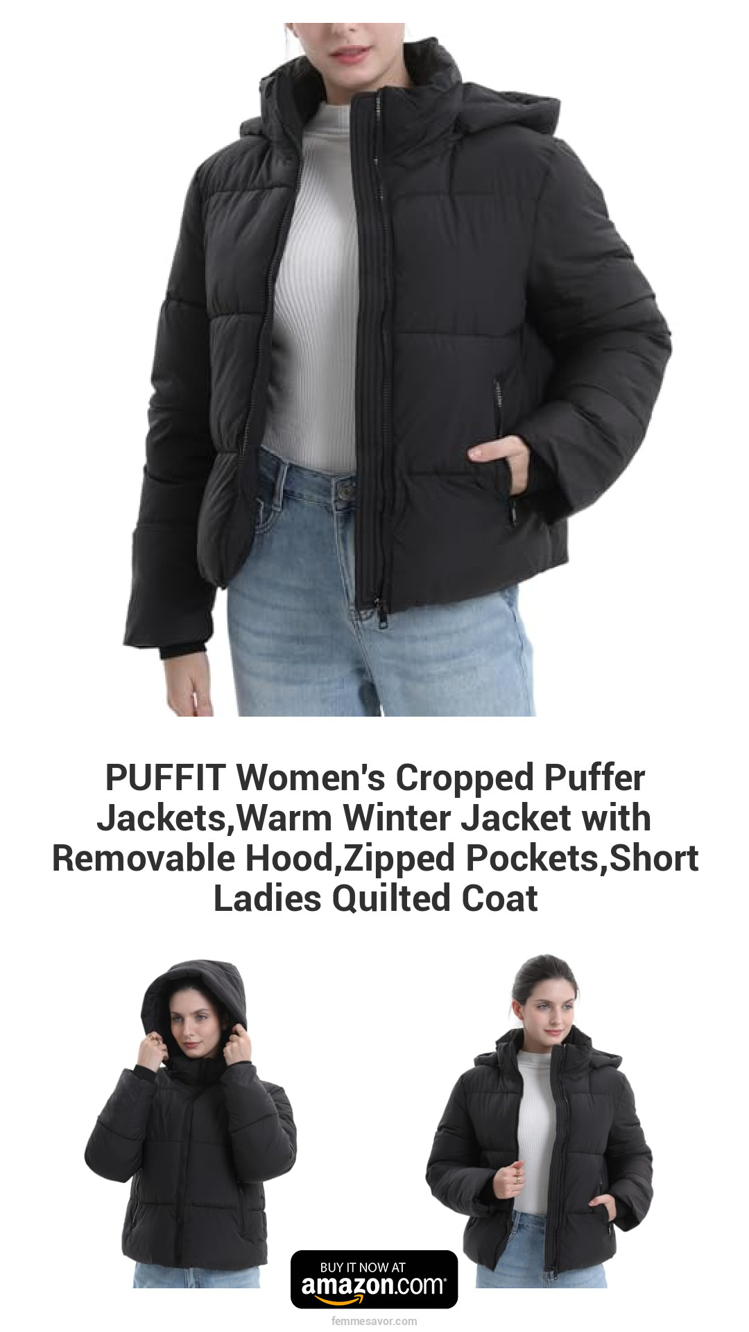 PUFFIT Women's Cropped Puffer Jackets,Warm Winter Jacket with Removable Hood,Zipped Pockets,Short Ladies Quilted Coat PUFFIT Women's Cropped Puffer Jackets,Warm Winter Jacket with Removable Hood,Zipped Pockets,Short Ladies Quilted Coat