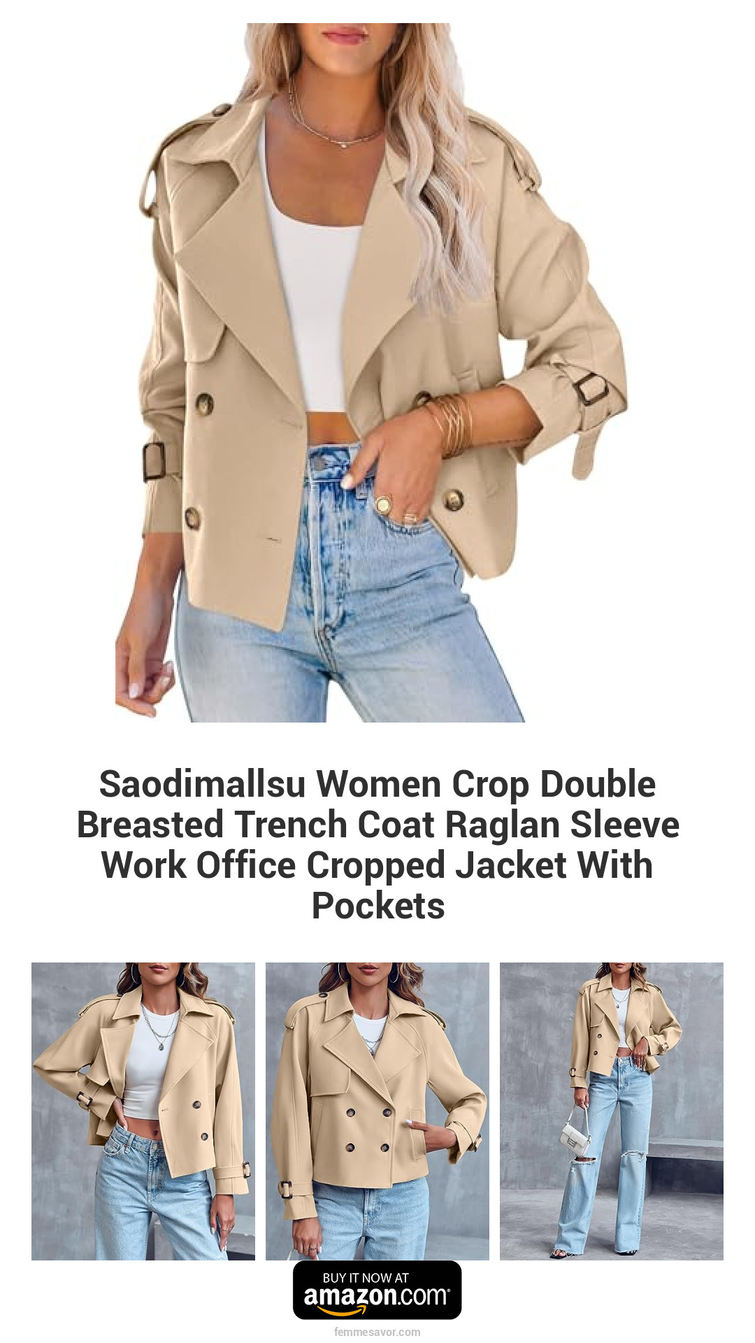 Saodimallsu Women Crop Double Breasted Trench Coat Raglan Sleeve Work Office Cropped Jacket With Pockets Saodimallsu Women Crop Double Breasted Trench Coat Raglan Sleeve Work Office Cropped Jacket With Pockets