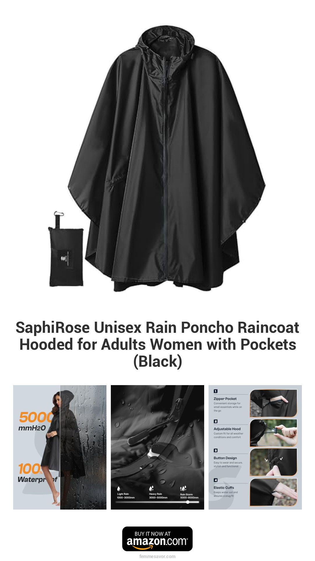 SaphiRose Unisex Rain Poncho Raincoat Hooded for Adults Women with Pockets (Black) SaphiRose Unisex Rain Poncho Raincoat Hooded for Adults Women with Pockets (Black)