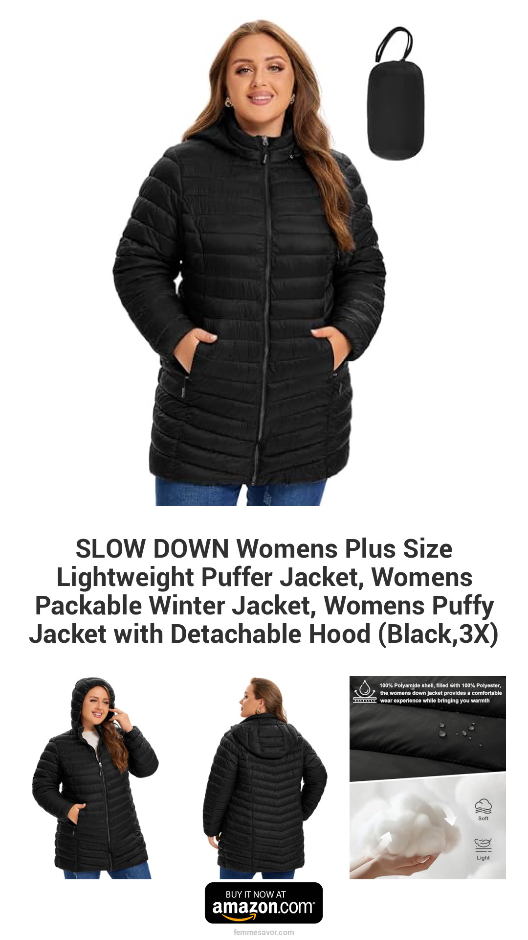 SLOW DOWN Womens Plus Size Lightweight Puffer Jacket, Womens Packable Winter Jacket, Womens Puffy Jacket with Detachable Hood (Black,3X) SLOW DOWN Womens Plus Size Lightweight Puffer Jacket, Womens Packable Winter Jacket, Womens Puffy Jacket with Detachable Hood (Black,3X)
