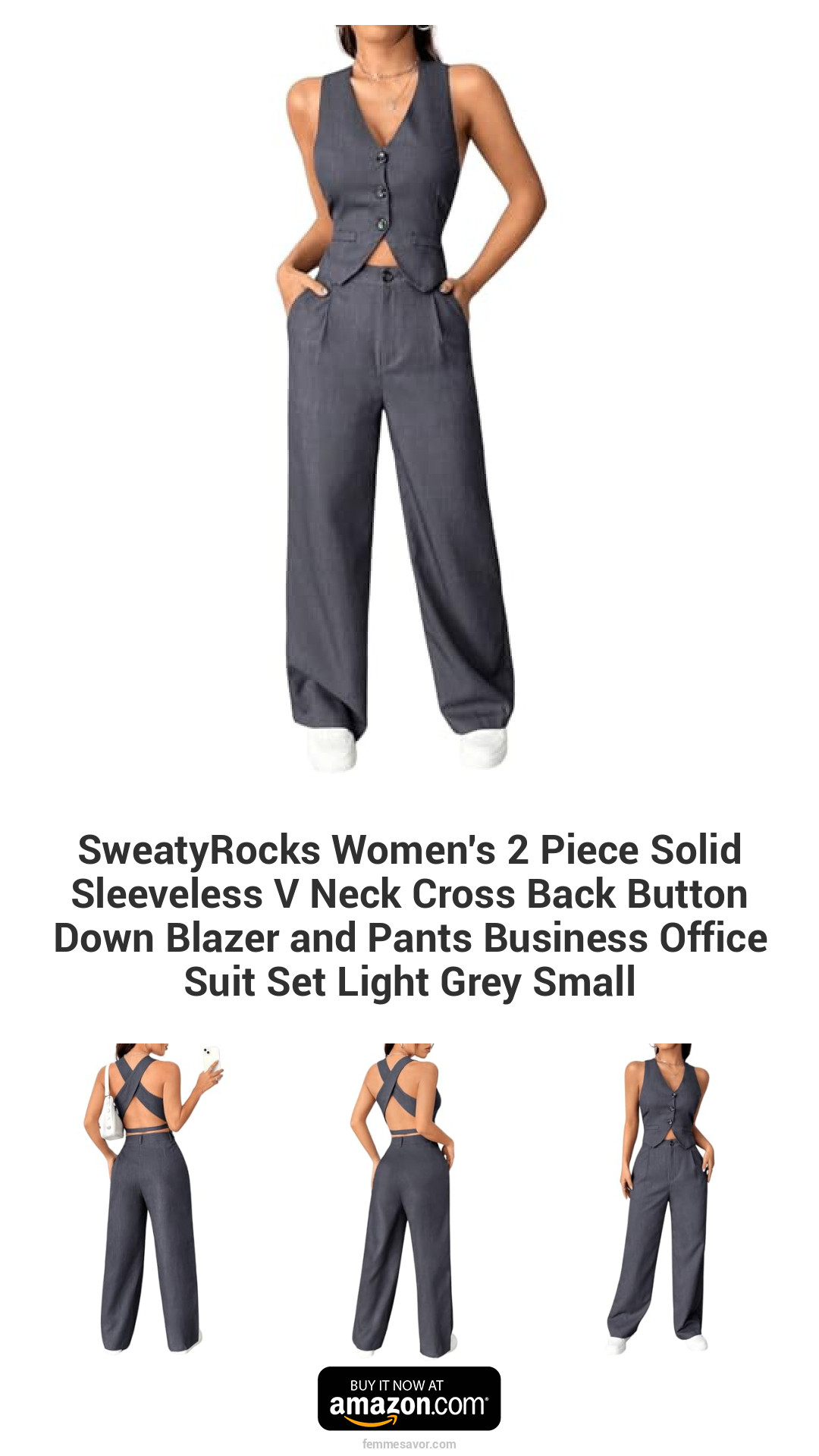 SweatyRocks Women's 2 Piece Solid Sleeveless V Neck Cross Back Button Down Blazer and Pants Business Office Suit Set Light Grey Small SweatyRocks Women's 2 Piece Solid Sleeveless V Neck Cross Back Button Down Blazer and Pants Business Office Suit Set Light Grey Small