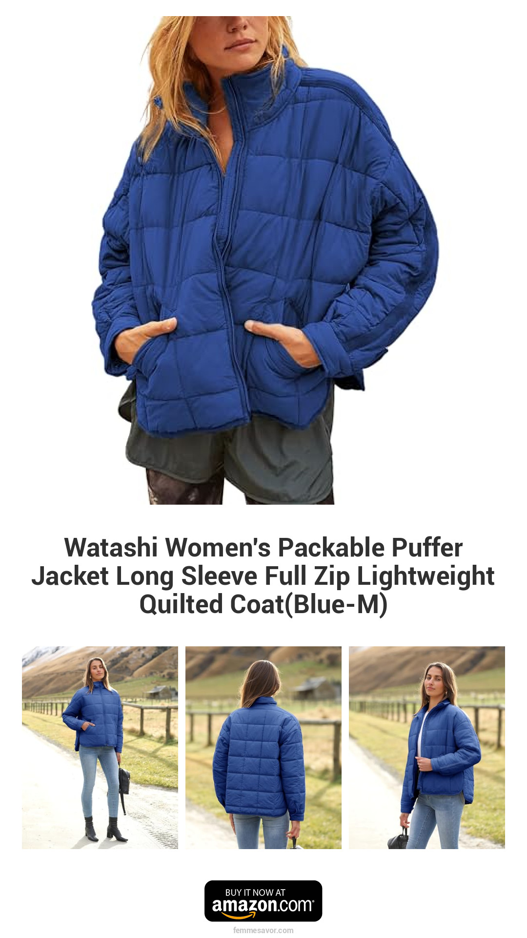 Watashi Women's Packable Puffer Jacket Long Sleeve Full Zip Lightweight Quilted Coat(Blue-M) Watashi Women's Packable Puffer Jacket Long Sleeve Full Zip Lightweight Quilted Coat(Blue-M)