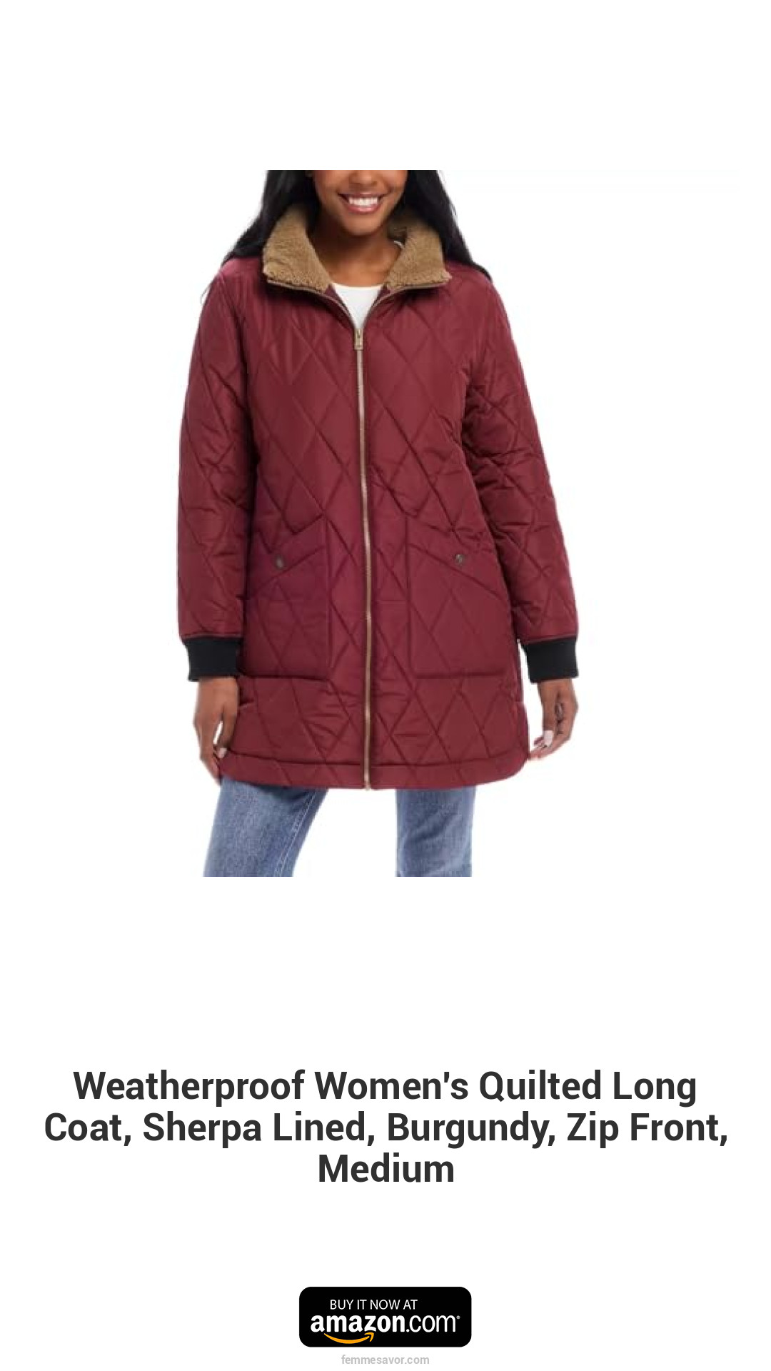 Weatherproof Women's Quilted Long Coat, Sherpa Lined, Burgundy, Zip Front, Medium