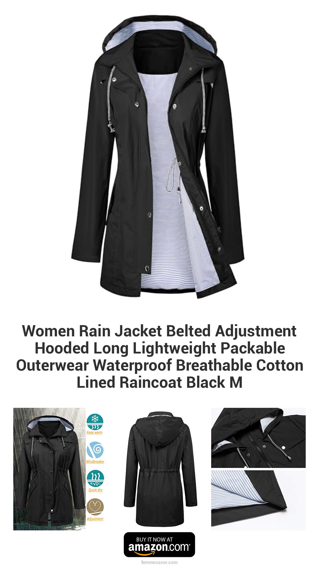 Women Rain Jacket Belted Adjustment Hooded Long Lightweight Packable Outerwear Waterproof Breathable Cotton Lined Raincoat Black M Women Rain Jacket Belted Adjustment Hooded Long Lightweight Packable Outerwear Waterproof Breathable Cotton Lined Raincoat Black M