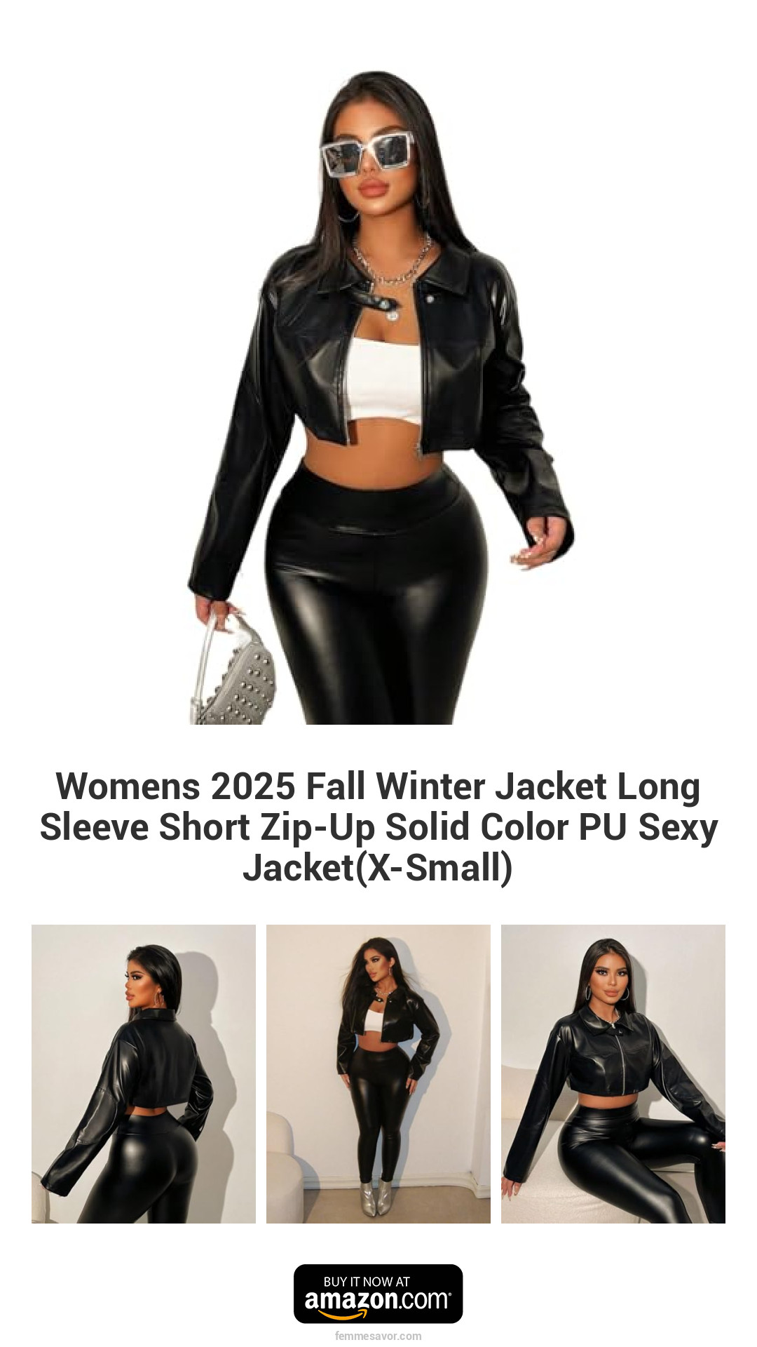 Womens 2025 Fall Winter Jacket Long Sleeve Short Zip-Up Solid Color PU Sexy Jacket(X-Small) Womens 2025 Fall Winter Jacket Long Sleeve Short Zip-Up Solid Color PU Sexy Jacket(X-Small)