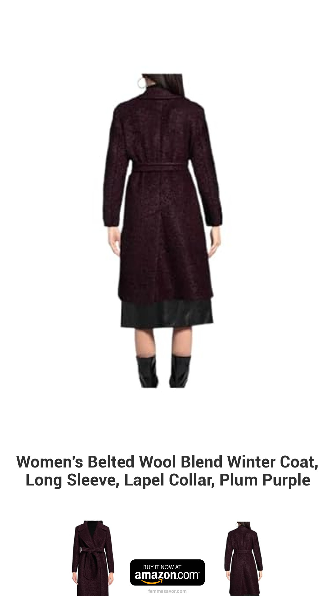 Women's Belted Wool Blend Winter Coat, Long Sleeve, Lapel Collar, Plum Purple Women's Belted Wool Blend Winter Coat, Long Sleeve, Lapel Collar, Plum Purple